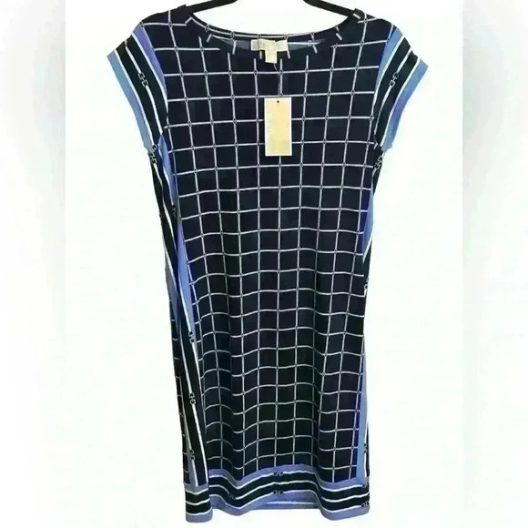 Michael Michael Kors Womens Dress Size P/M Blue Geometric Above Knee Cap Sleeve - Picture 1 of 6